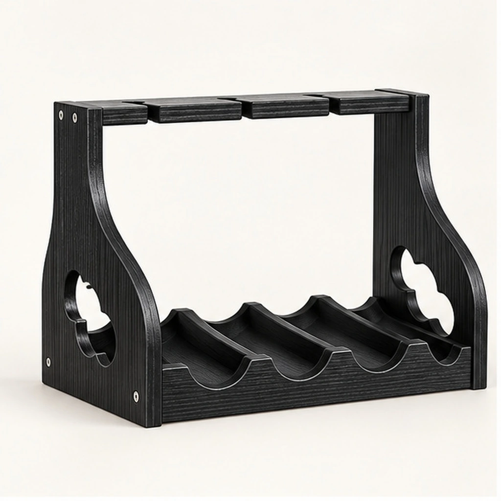 HDPE Four-Bottle and Four-Glass Countertop Rack — Front-left three-quarter view