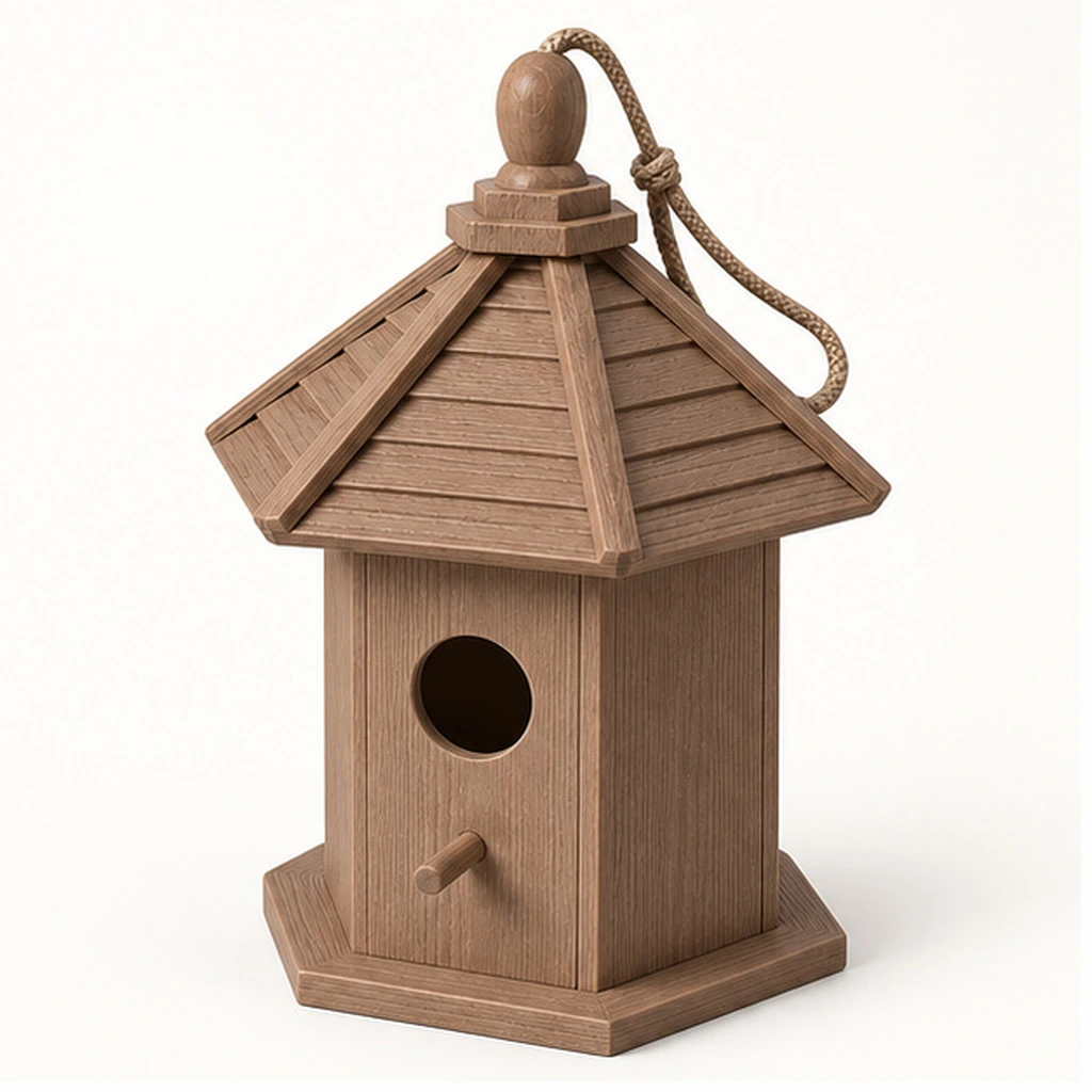 HDPE Birdhouse — Front-left three-quarter view