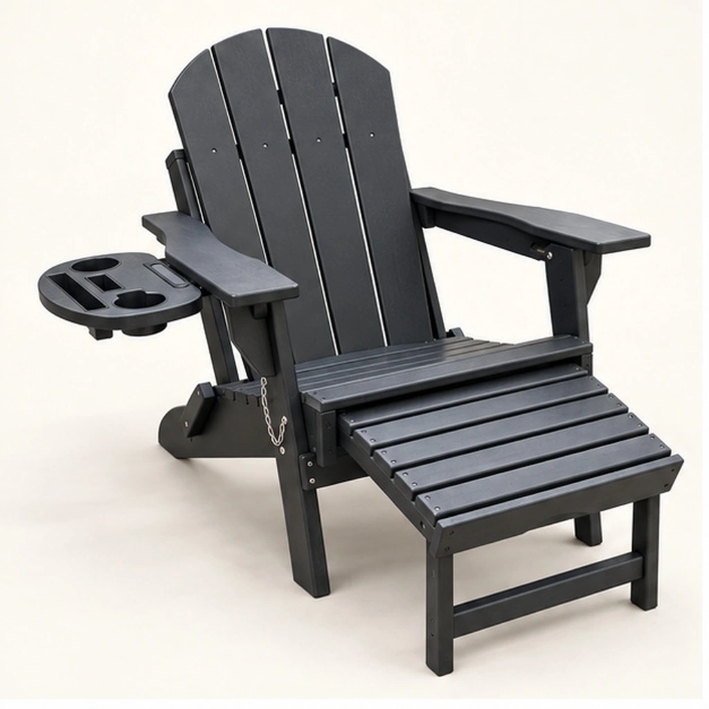 Four-Slat HDPE Adirondack Chair with Pull-Out Footrest and Side Tray — Front-left three-quarter view