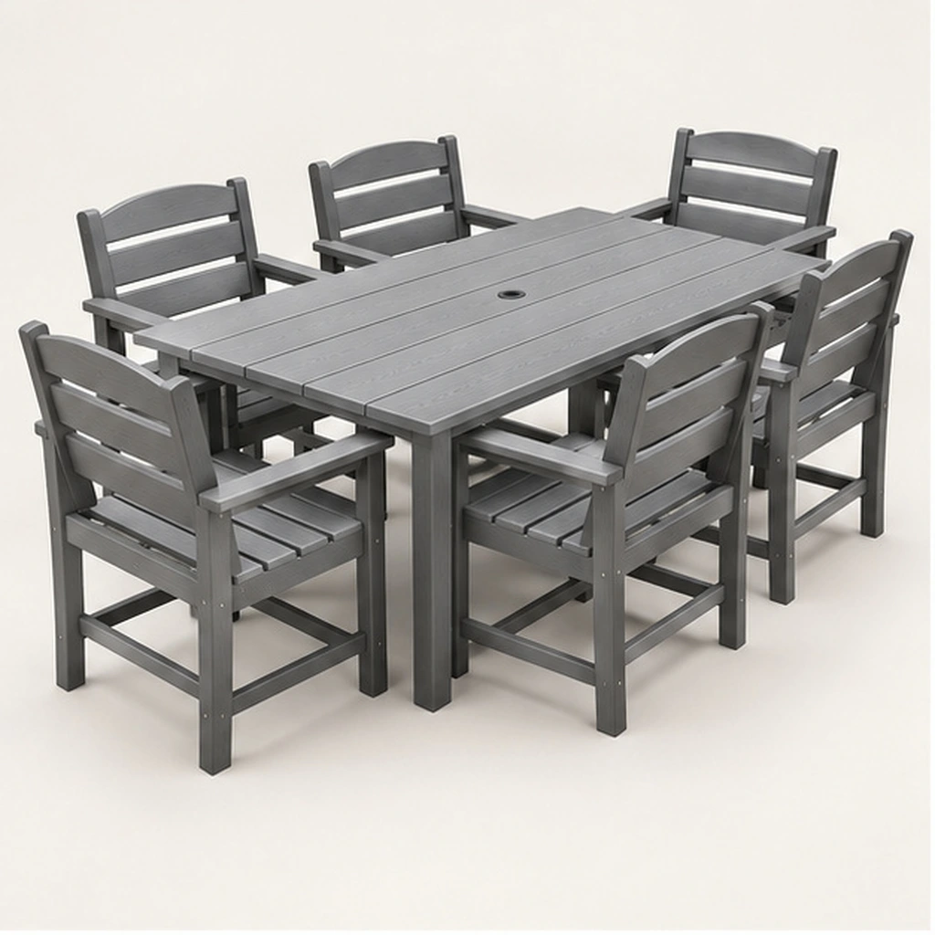 7-Piece Three-Rail HDPE Outdoor Dining Set — Front-left three-quarter view