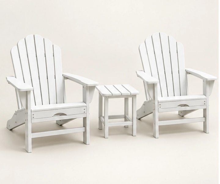 3-Piece Seven-Slat HDPE Adirondack Chair and Side Table Set — Front-left three-quarter view