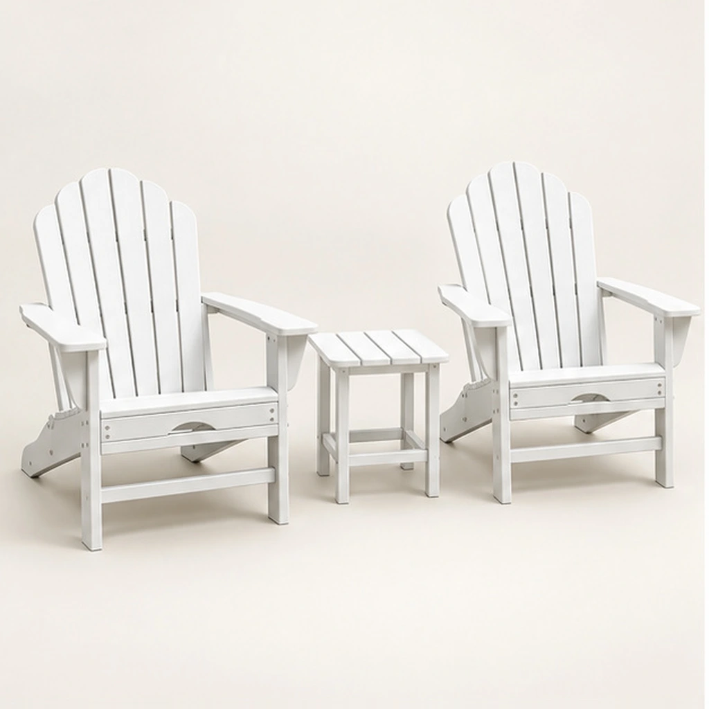 3-Piece Seven-Slat HDPE Adirondack Chair and Side Table Set — Front-left three-quarter view