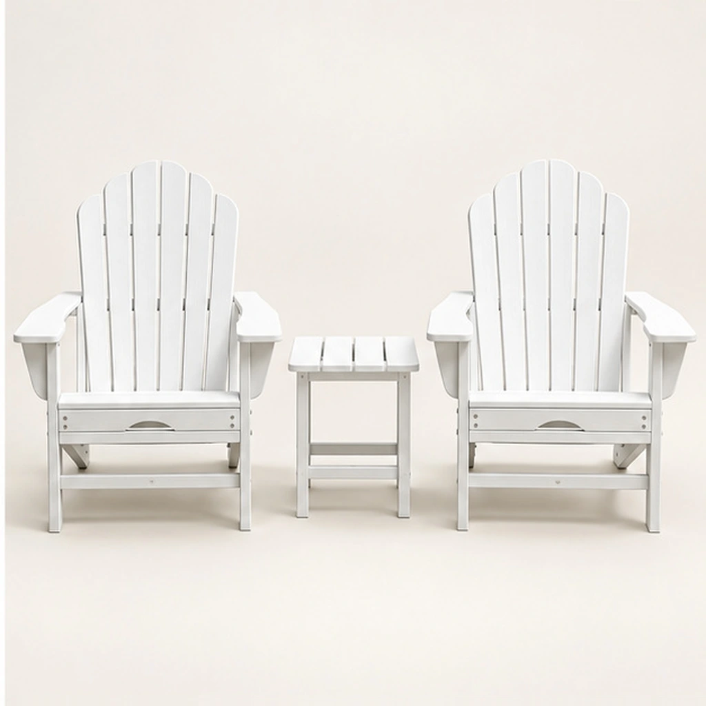 3-Piece Seven-Slat HDPE Adirondack Chair and Side Table Set — Front elevation