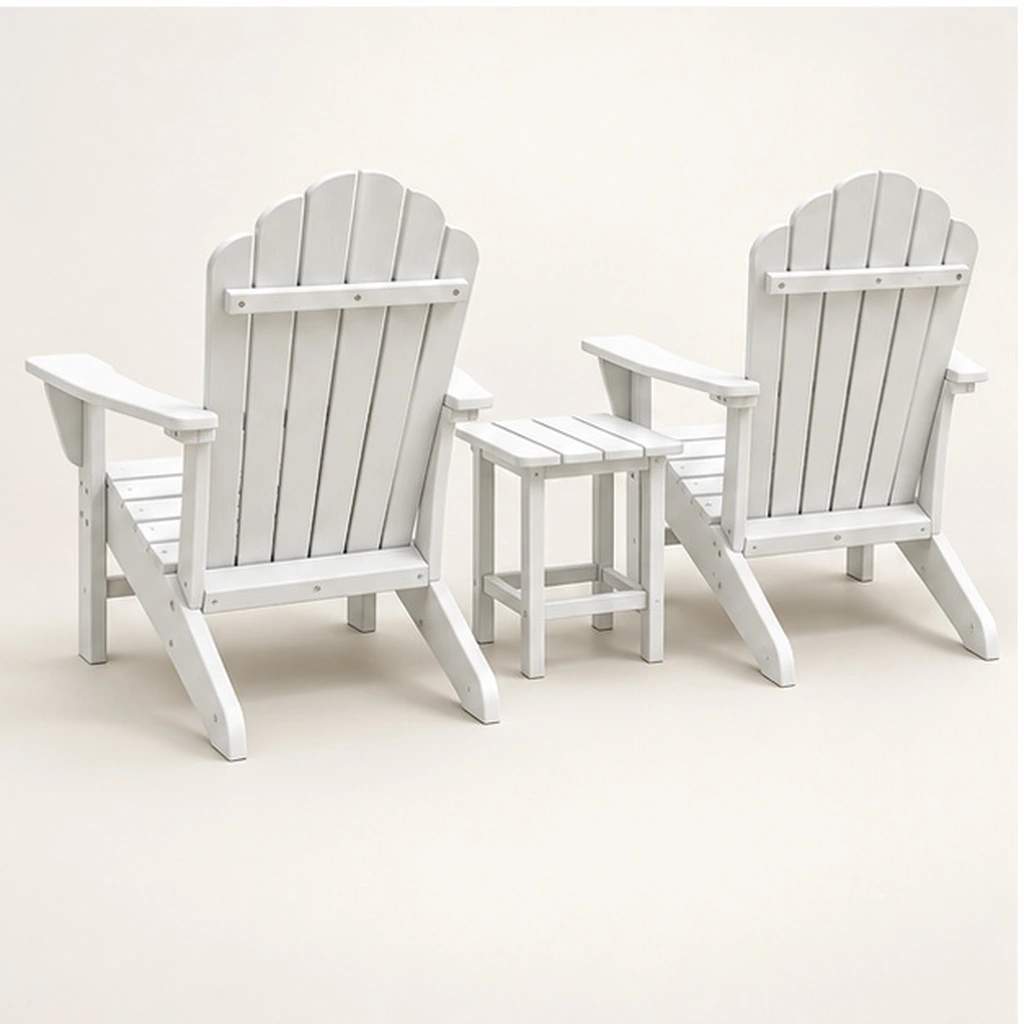 3-Piece Seven-Slat HDPE Adirondack Chair and Side Table Set — Rear-right three-quarter view