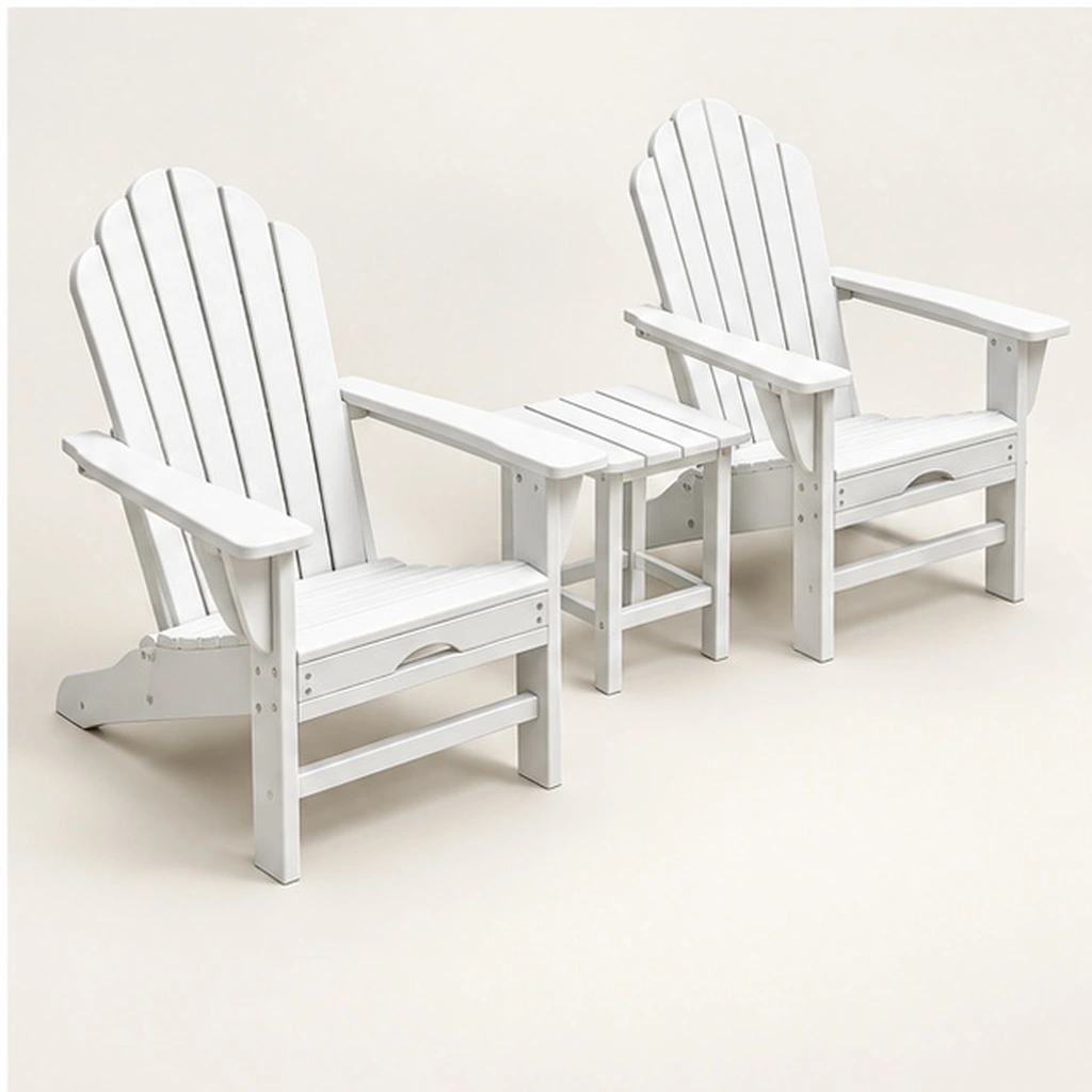 3-Piece Seven-Slat HDPE Adirondack Chair and Side Table Set — Elevated top three-quarter view