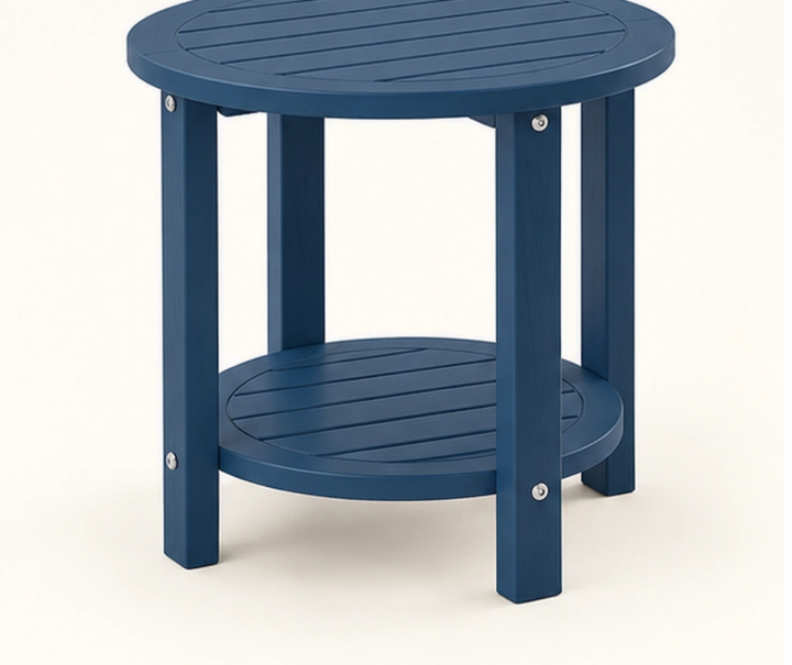 Round Two-Tier HDPE Outdoor Side Table — Front-left three-quarter view