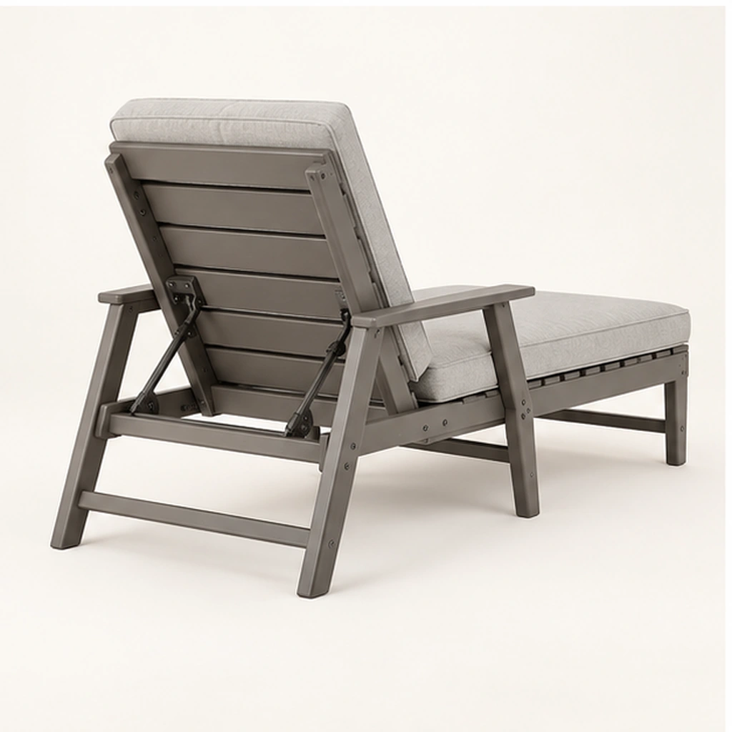 Cushioned HDPE Adjustable Outdoor Chaise Lounge — Rear-right three-quarter view