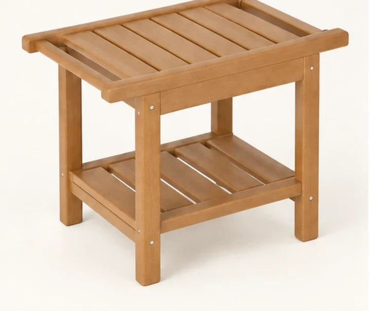 Two-Tier HDPE Side Table with Towel Bar — Front-left three-quarter view