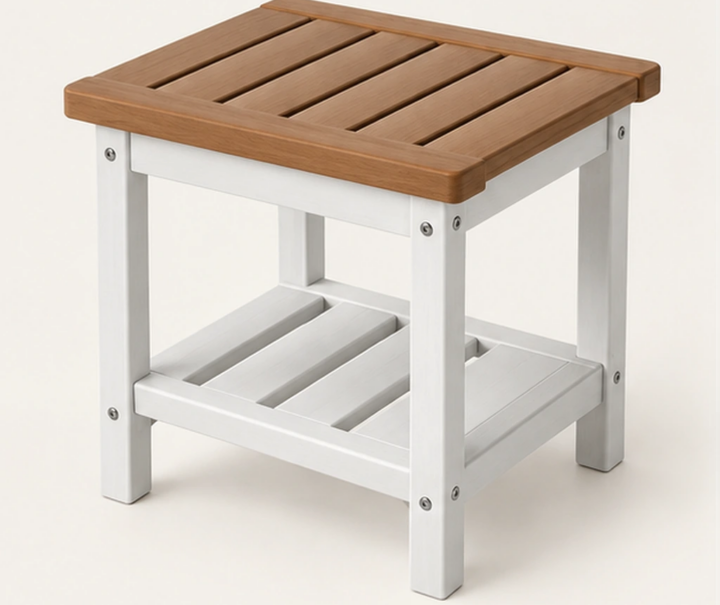 Two-Tone Two-Tier HDPE Outdoor Side Table — Front-left three-quarter view