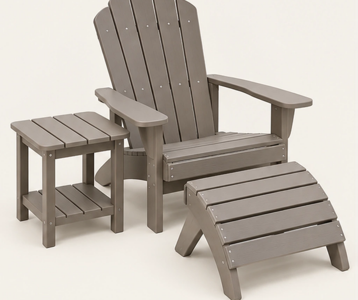 3-Piece HDPE Adirondack Chair, Ottoman and Side Table Set — Front-left three-quarter view