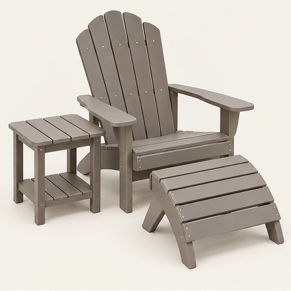 3-Piece HDPE Adirondack Chair, Ottoman and Side Table Set — Front-left three-quarter view