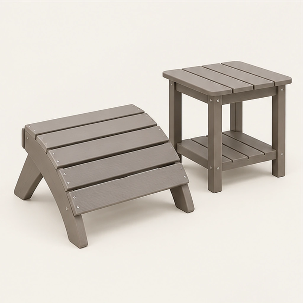 3-Piece HDPE Adirondack Chair, Ottoman and Side Table Set — Side or rear profile view