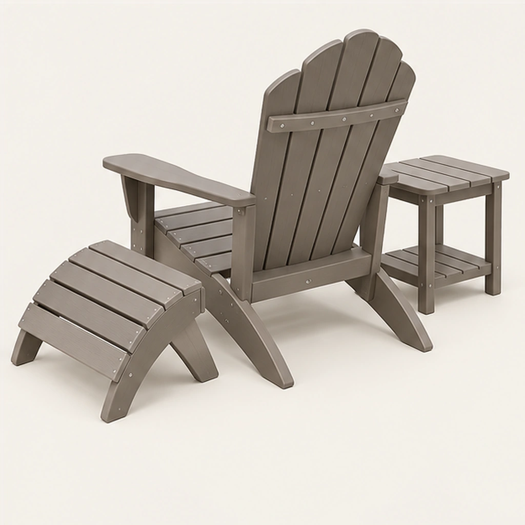 3-Piece HDPE Adirondack Chair, Ottoman and Side Table Set — Rear-right three-quarter view