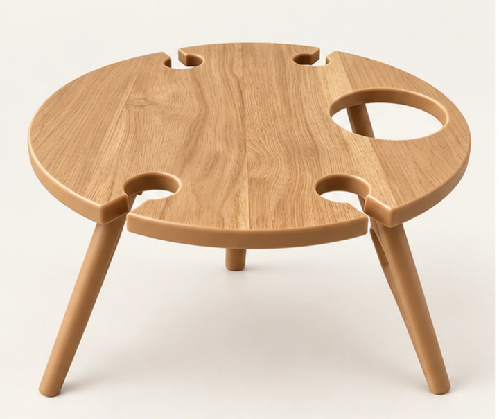 Round HDPE Wine Table with Stemware Holder — Front-left three-quarter view