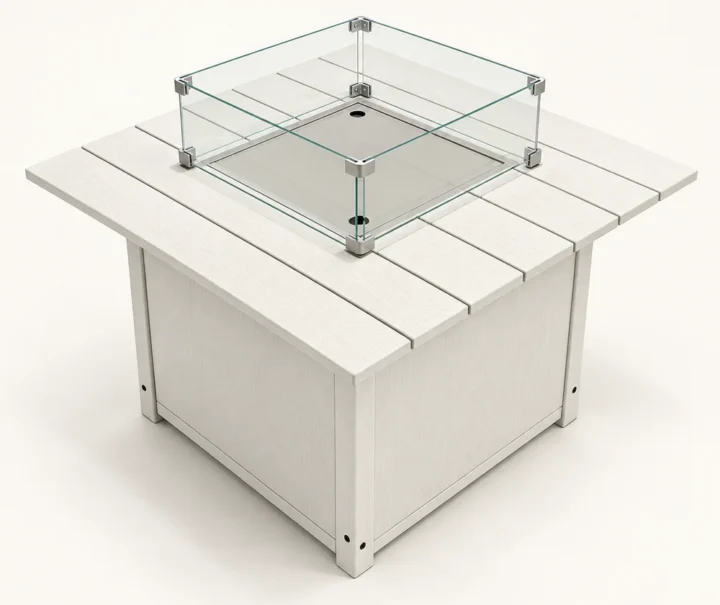 Square HDPE Fire Pit Table with Glass Wind Guard in M011 finish  Main three-quarter view