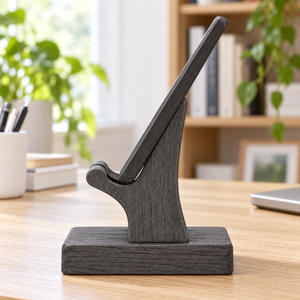 HDPE tablet and book support stand on a home-office desk, strict side profile