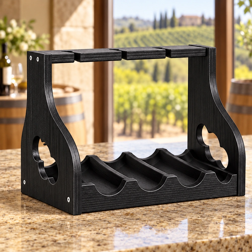 HDPE Four-Bottle and Four-Glass Countertop Rack in an outdoor setting, view 01