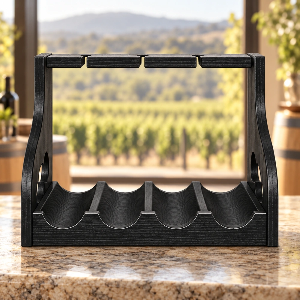 HDPE Four-Bottle and Four-Glass Countertop Rack in an outdoor setting, view 02