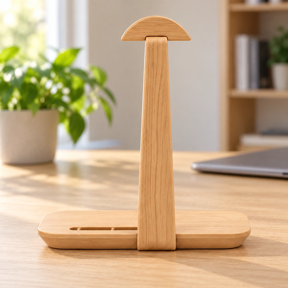 HDPE headphone stand on a home-office desk, straight rear elevation