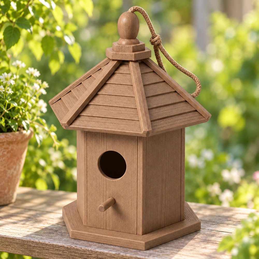 HDPE Birdhouse in a garden setting, three-quarter view 01
