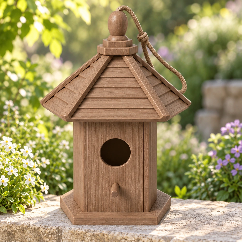 HDPE Birdhouse in a garden setting, front view 02