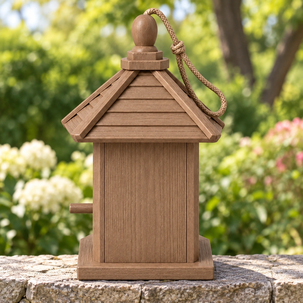 HDPE Birdhouse in a garden setting, side view 03