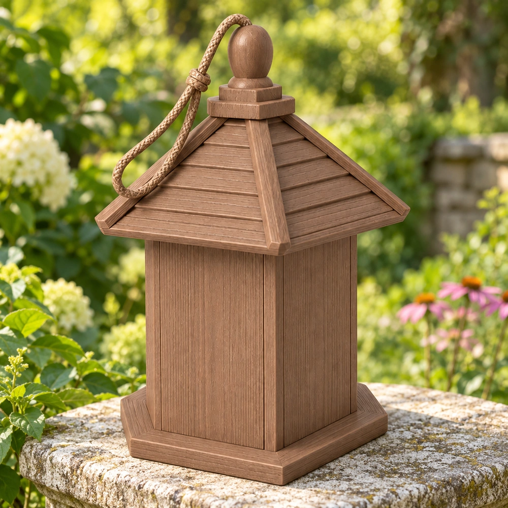 HDPE Birdhouse in a garden setting, rear-side oblique view 04