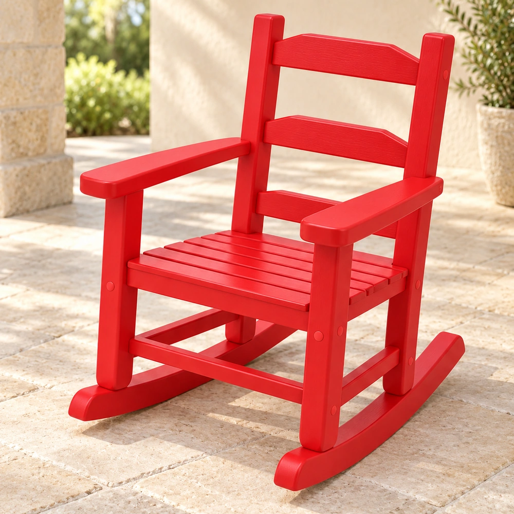 Red kids HDPE rocking chair on a covered stone patio, view 01