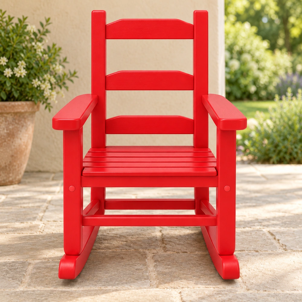 Red kids HDPE rocking chair on a covered stone patio, view 02