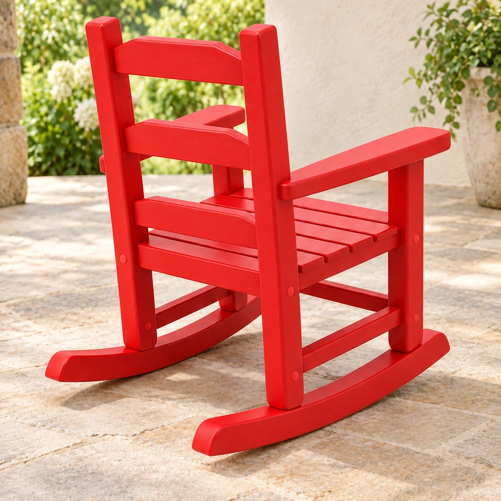 Red kids HDPE rocking chair on a covered stone patio, view 03