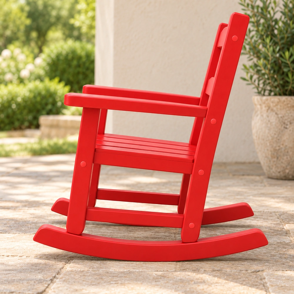 Red kids HDPE rocking chair on a covered stone patio, view 04