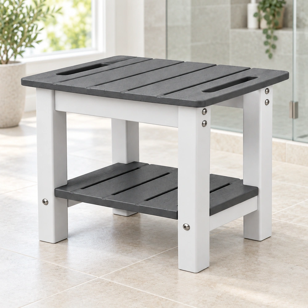 HDPE shower table with storage in a bright spa, scene view 01