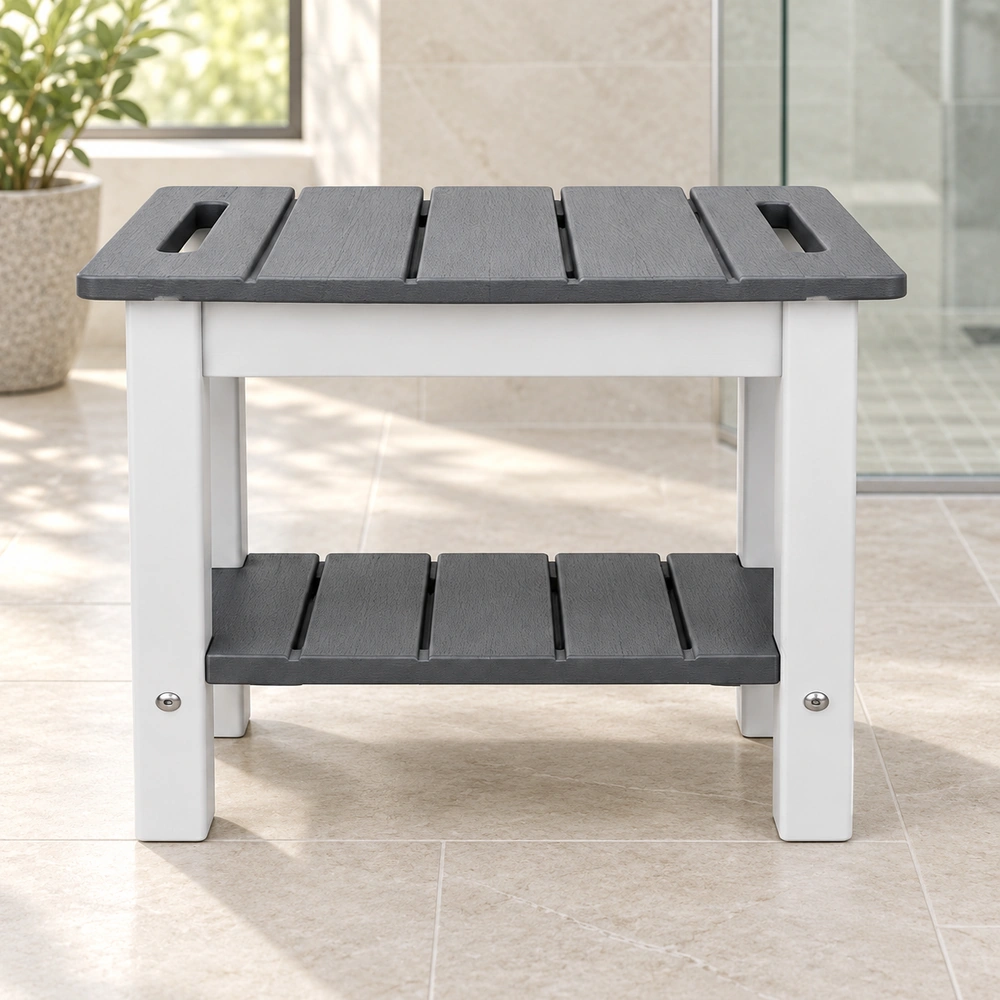 HDPE shower table with storage in a bright spa, scene view 02