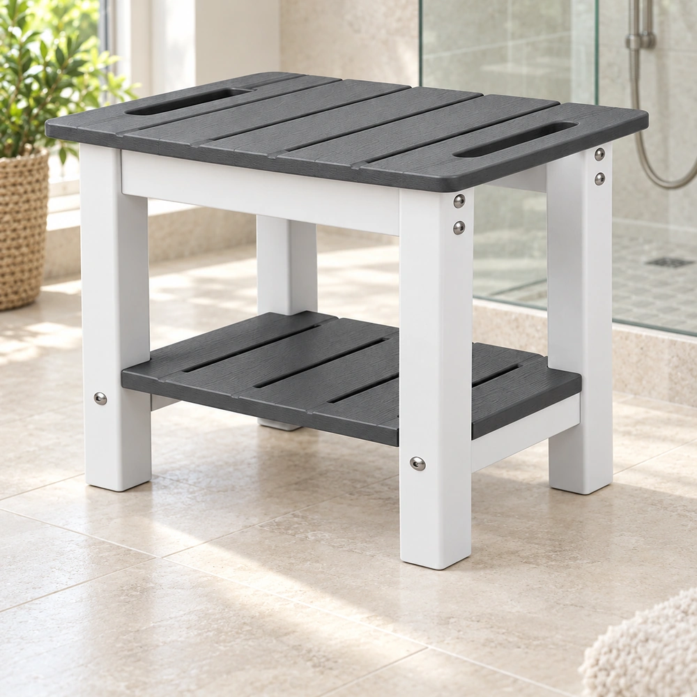 HDPE shower table with storage in a bright spa, scene view 03