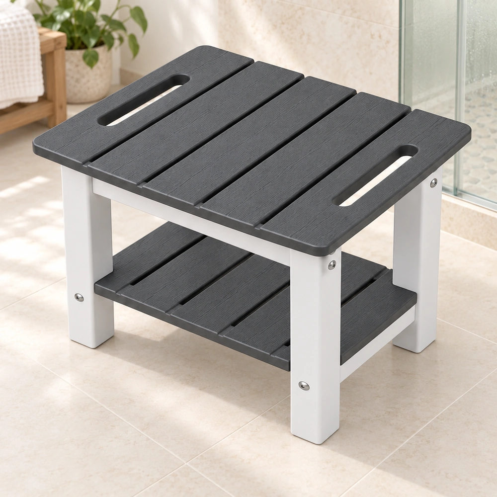 HDPE shower table with storage in a bright spa, scene view 04