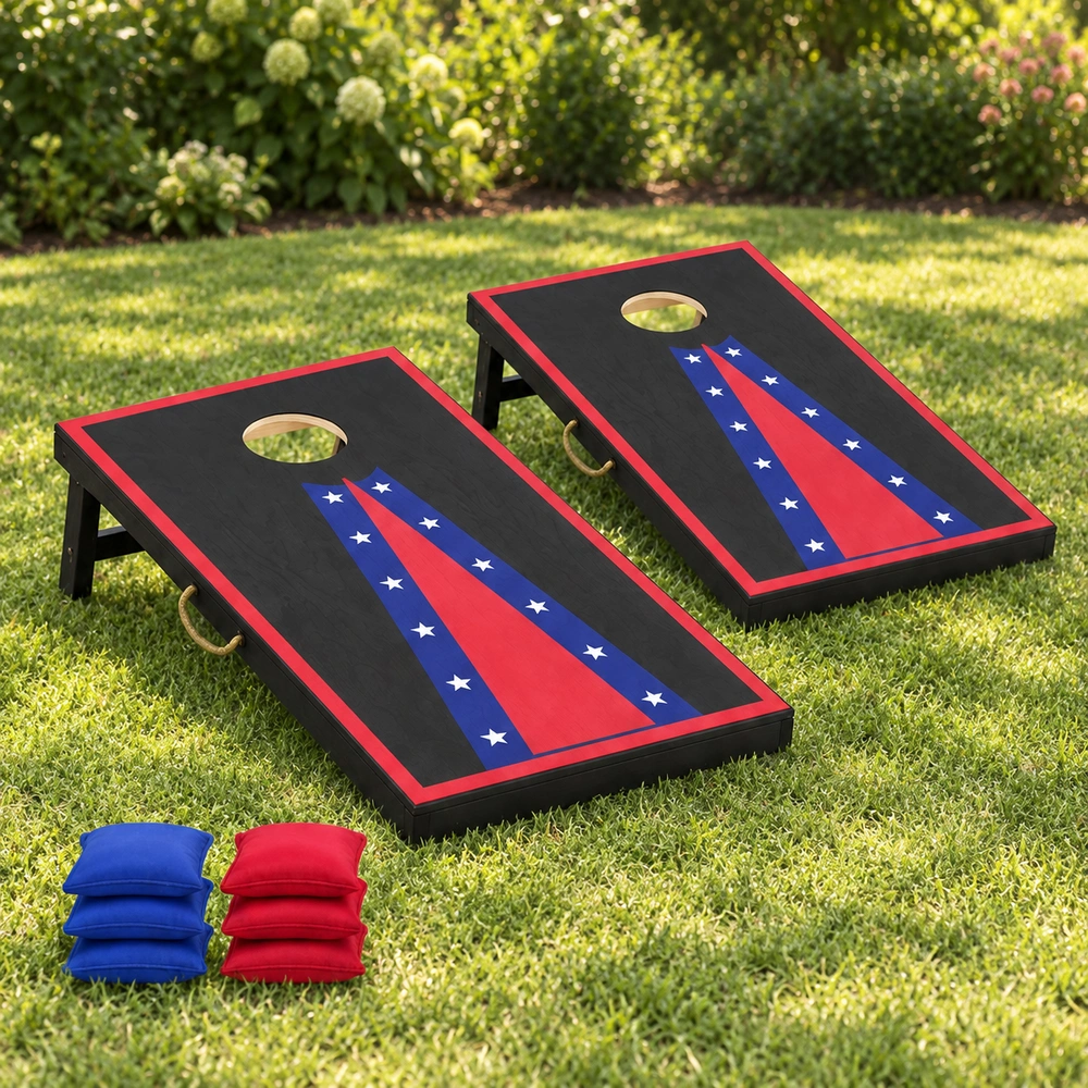 Two HDPE-framed cornhole boards for an outdoor backyard game, scene view 01