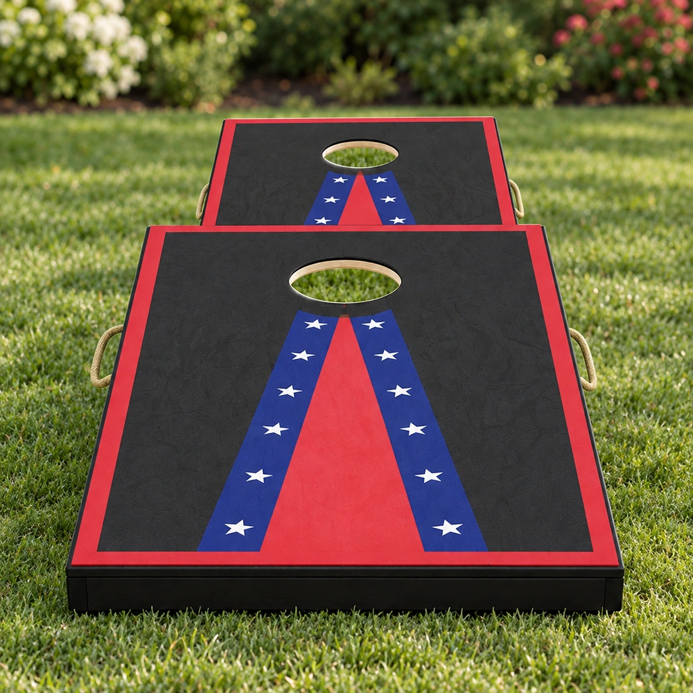 Two HDPE-framed cornhole boards for an outdoor backyard game, scene view 02
