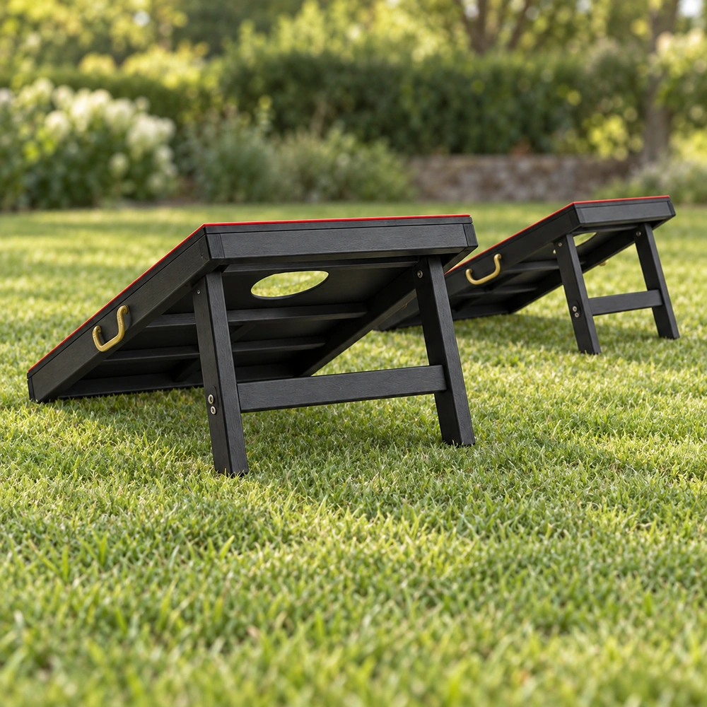 Two HDPE-framed cornhole boards for an outdoor backyard game, scene view 03
