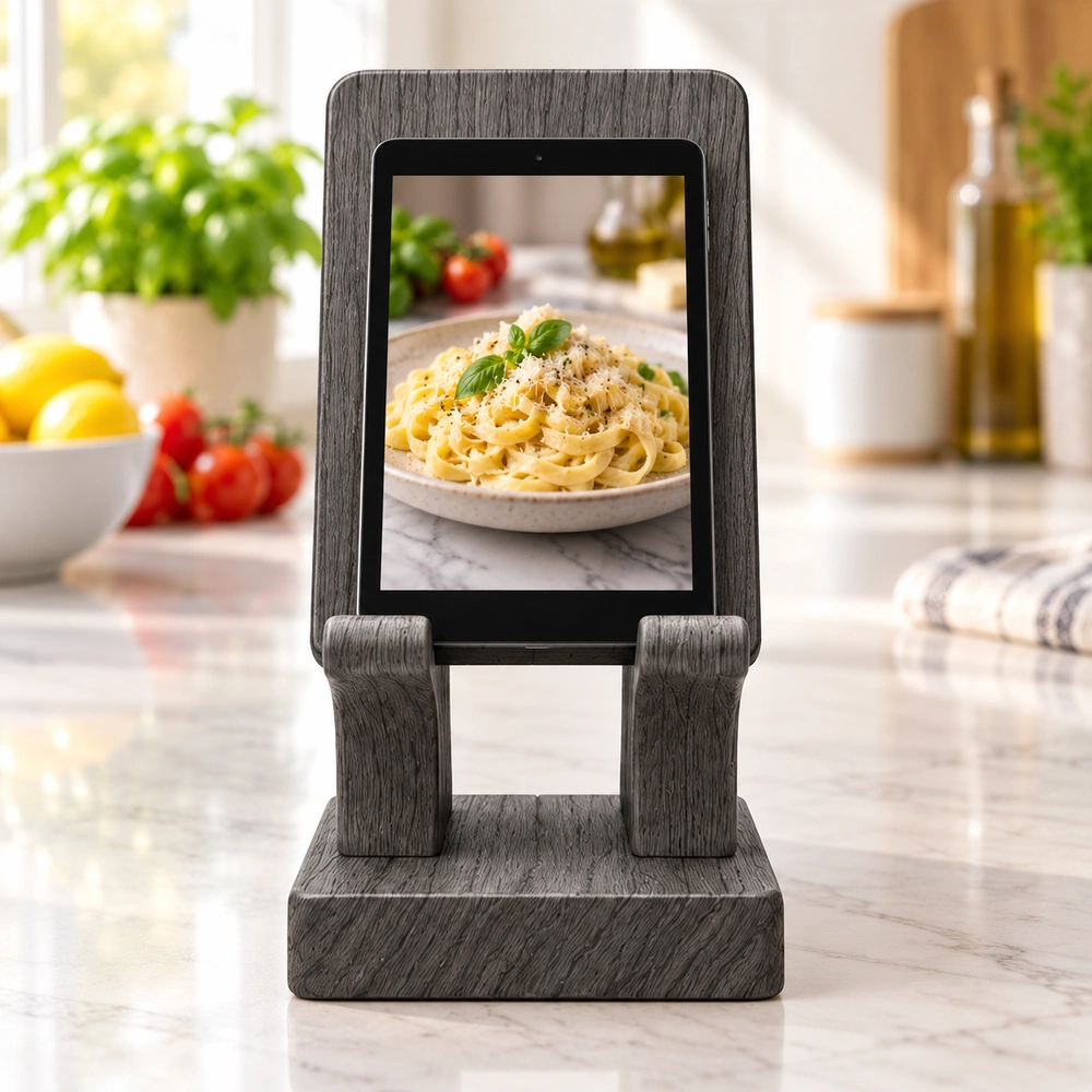 HDPE tablet and book support stand holding a tablet on a kitchen counter, front view