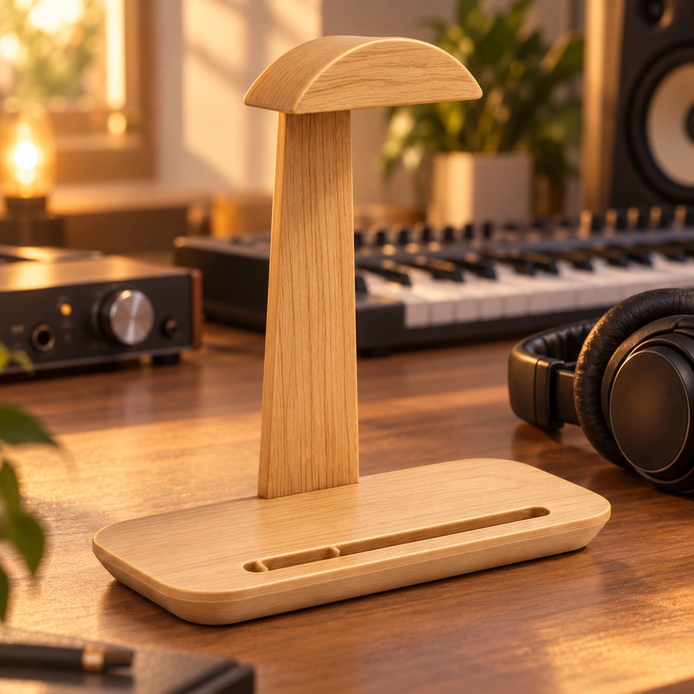 HDPE headphone stand beside over-ear headphones on a music production desk