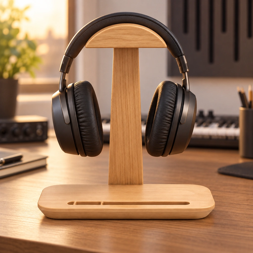 HDPE headphone stand holding over-ear headphones on a music production desk