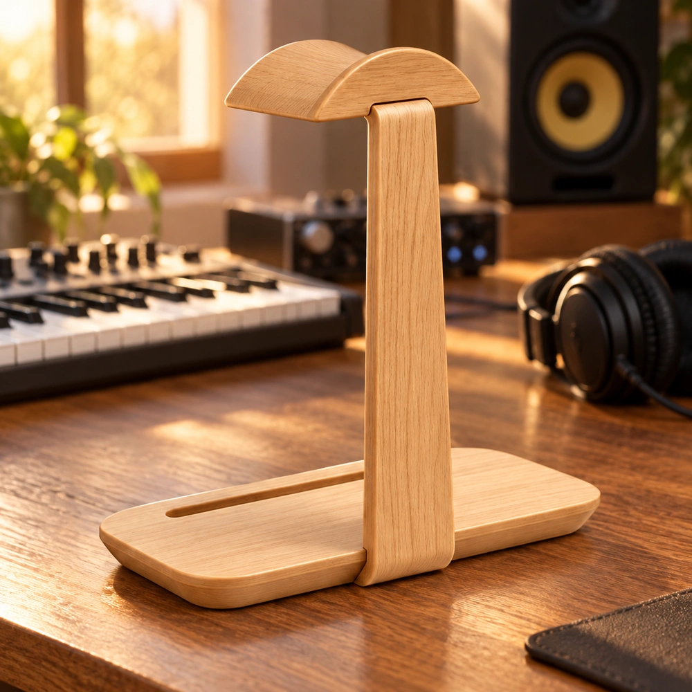 Rear-right view of HDPE headphone stand beside over-ear headphones on a music production desk