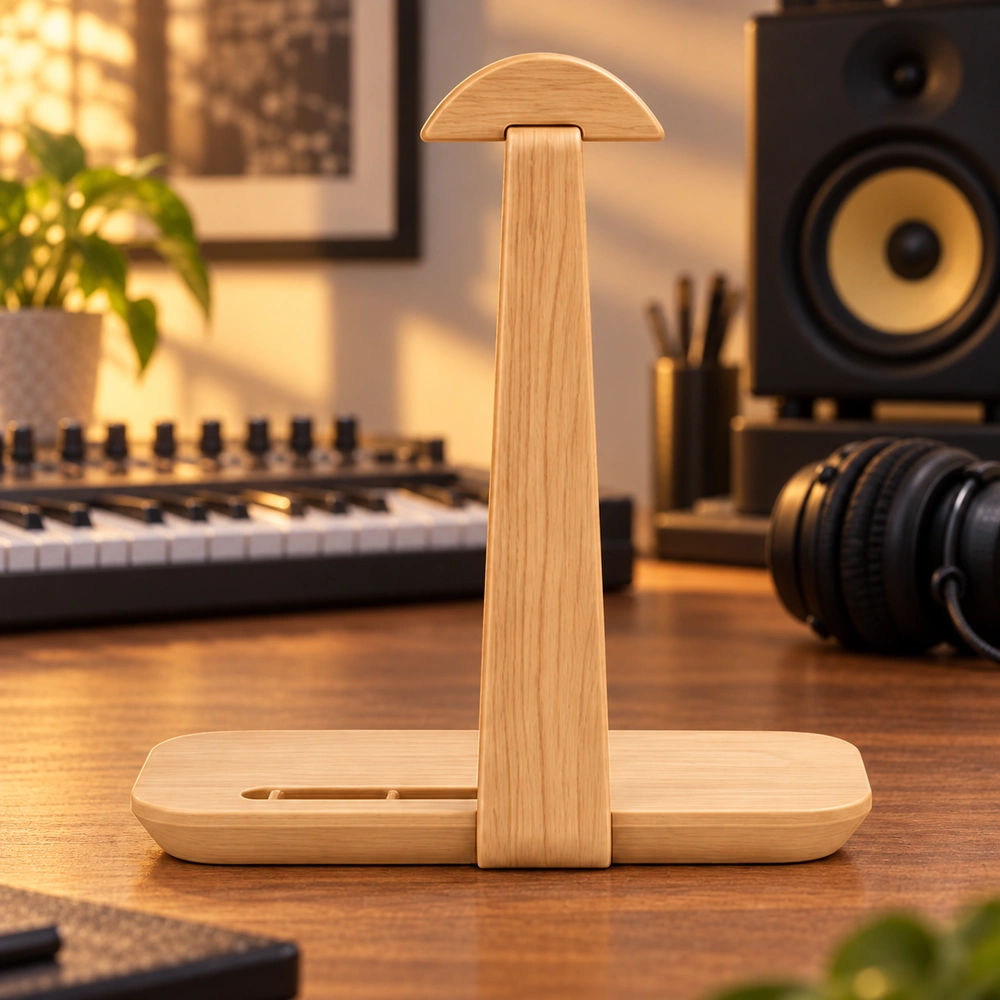 Straight rear view of HDPE headphone stand beside over-ear headphones on a music production desk