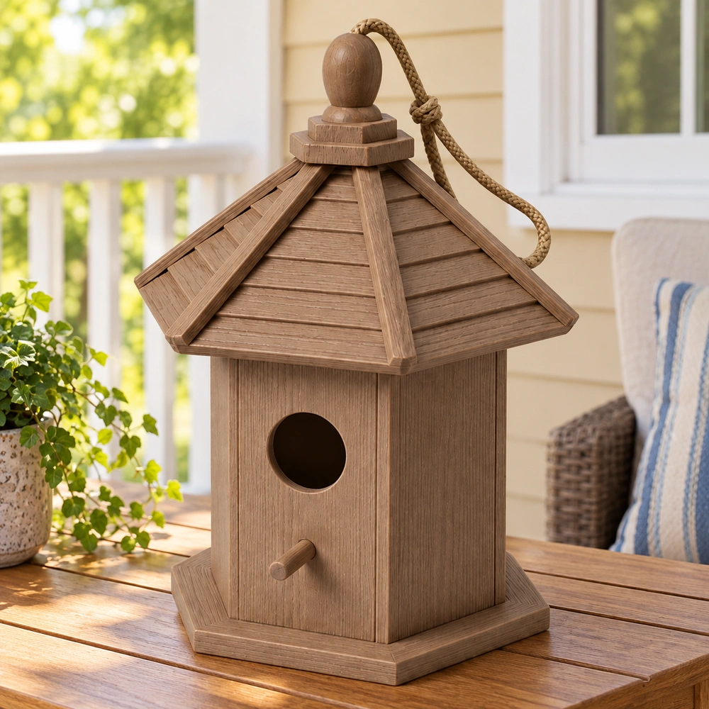 HDPE birdhouse with rope loop and circular entrance on a covered porch side table, front three-quarter view