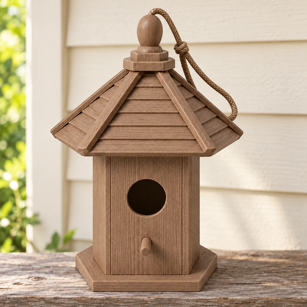 HDPE birdhouse with rope loop, circular entrance and perch on a covered porch shelf, true front elevation