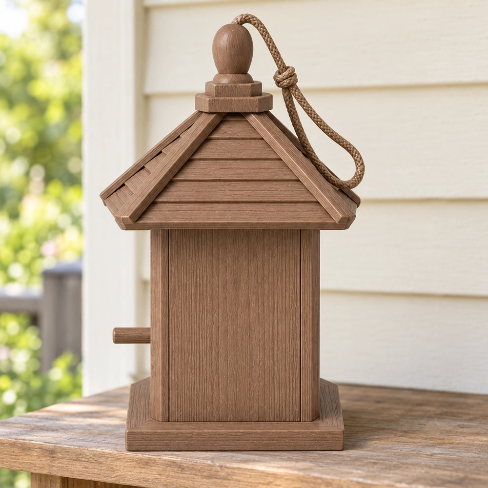 HDPE birdhouse with rope loop and side profile on a covered porch shelf, true side view