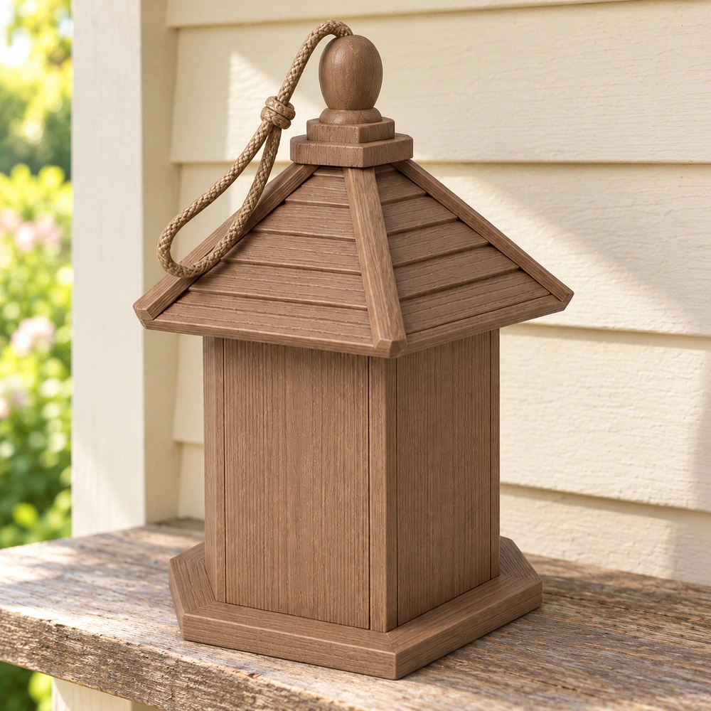 HDPE birdhouse with left-hand rope loop, slatted roof and stepped base on a covered porch shelf, true rear three-quarter view