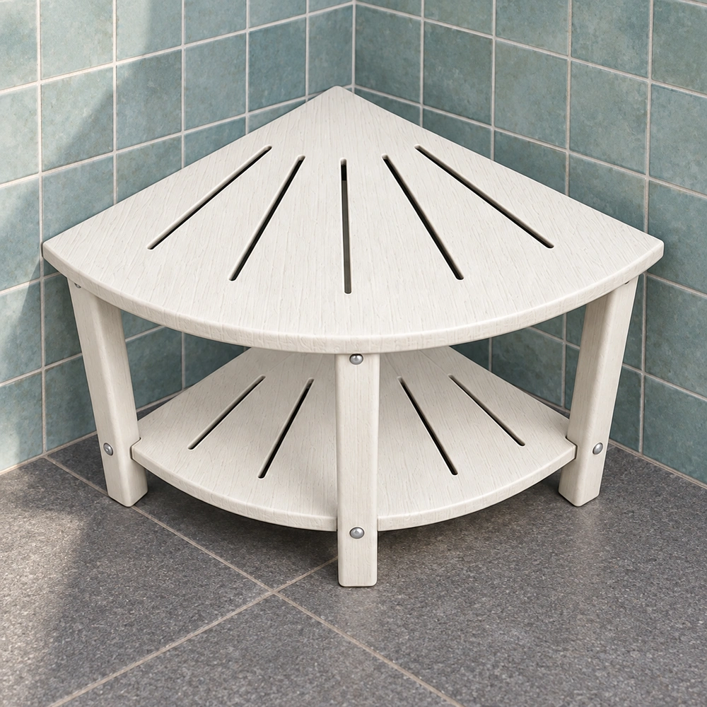 Front-left view of the white two-tier quarter-round HDPE corner shelf in a blue-tile shower corner
