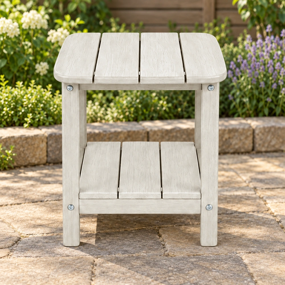 Straight-on front view on a garden stone patio of the two-tier four-board HDPE outdoor side table