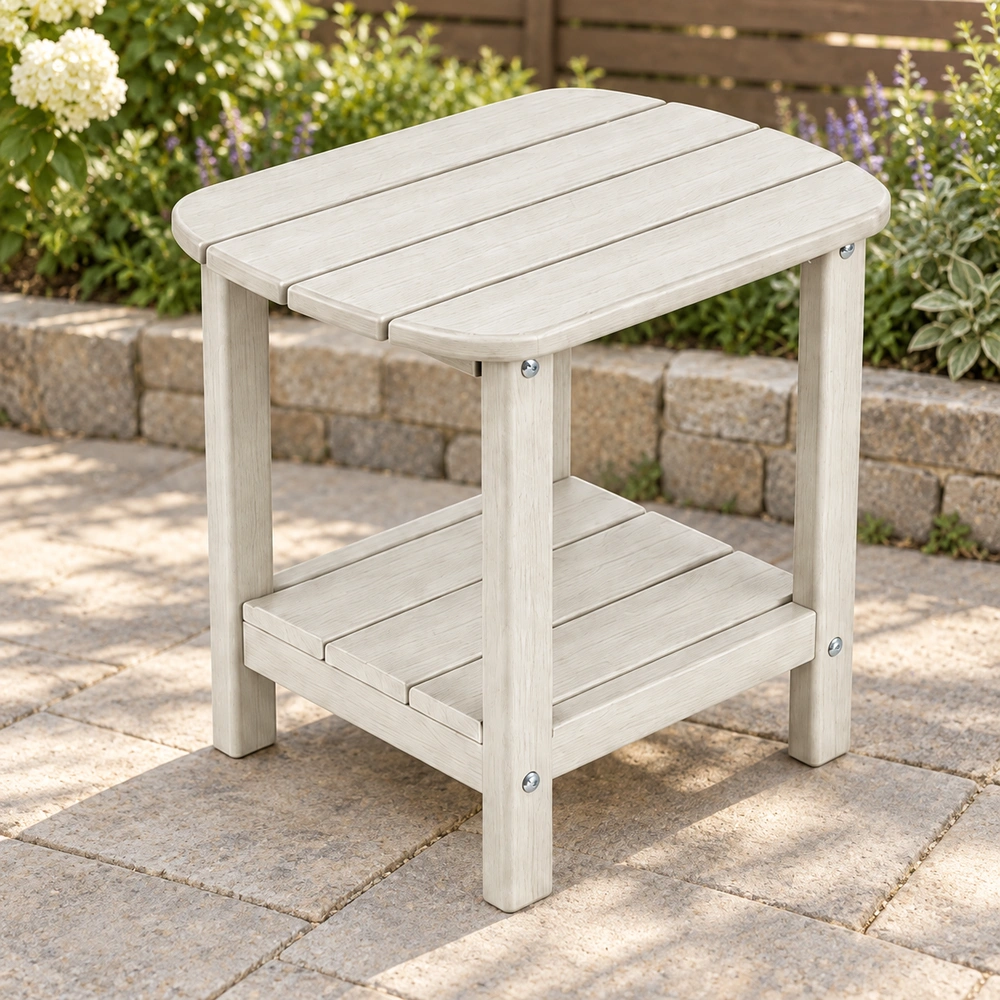 Front-left view on a garden stone patio of the two-tier four-board HDPE outdoor side table